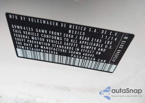 2015 Volkswagen Jetta 2.0L S z USA, uszkodzony, nr VIN 3VW1K7AJ0FM262036